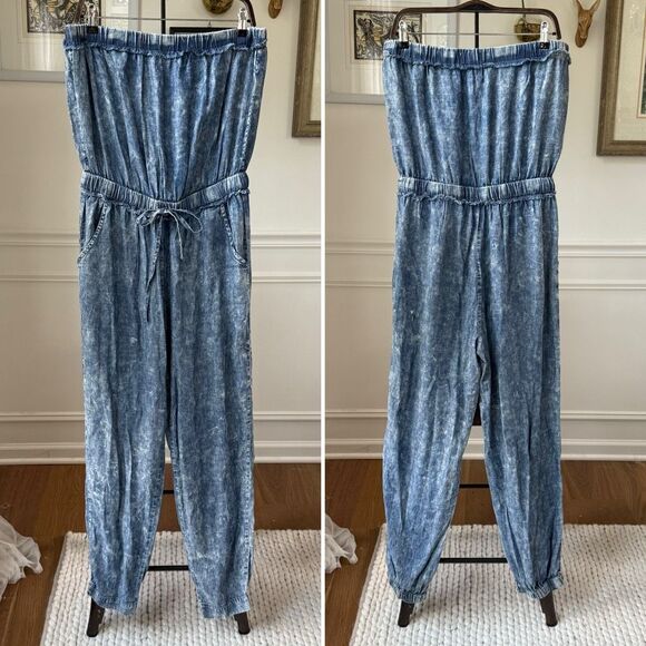 NWOT Bluivy Blue Comfy Acid Washed Tube Denim Chambray Jumpsuit L - Picture 2 of 7